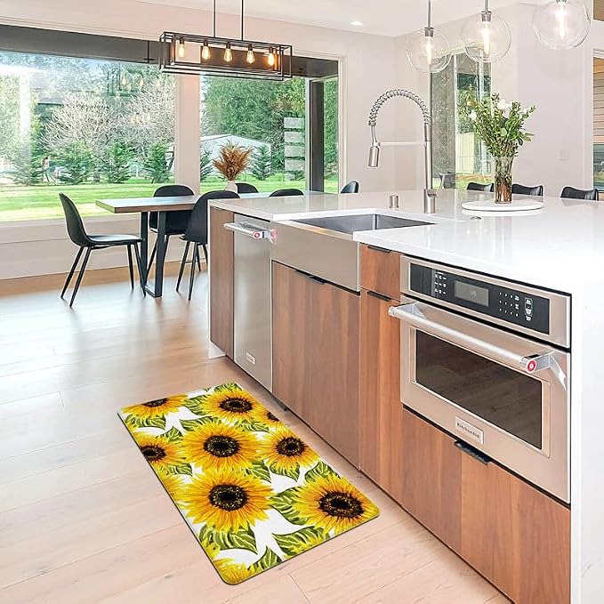 Sunflower Kitchen Decor Kitchen Mat, Cushioned Anti Fatigue Non-Slip | Bright Sunflower Pattern,Yellow docor,Cushioned Comfort,Non-Slip Backing,Waterproof Surface,Easy Clean,Kitchen Sink,Laundry