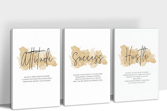 3 Piece Inspirational Wall Art - Attitude Hustle Success Motivational Quotes Canvas Art for Men Room Decor, Office Wall Art Pictures, Inspirational Poster Framed Artwork for School Decor 24”x36”x3Pcs