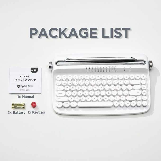 YUNZII ACTTO B303 Wireless Keyboard, Retro Bluetooth Aesthetic Typewriter Style Keyboard with Integrated Stand for Multi-Device (Snow White, B303)