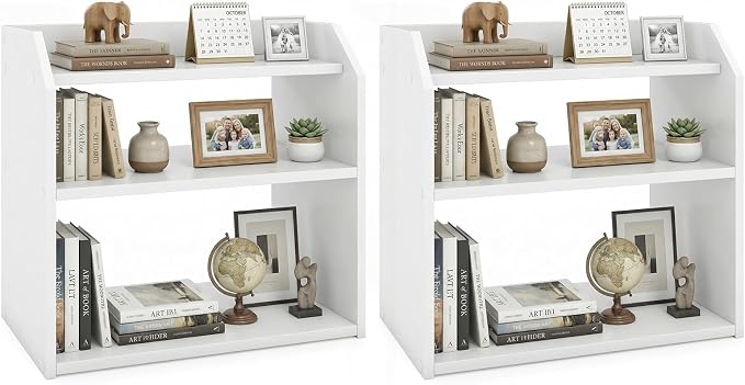 Tangkula 3-Tier Desktop Bookshelf, Wooden Countertop Bookcase with Guardrails, Space-Saving Desk Display Hutch Shelf, Modern Tabletop Storage Organizer for Study Room, Office and Dormitory (2,White)