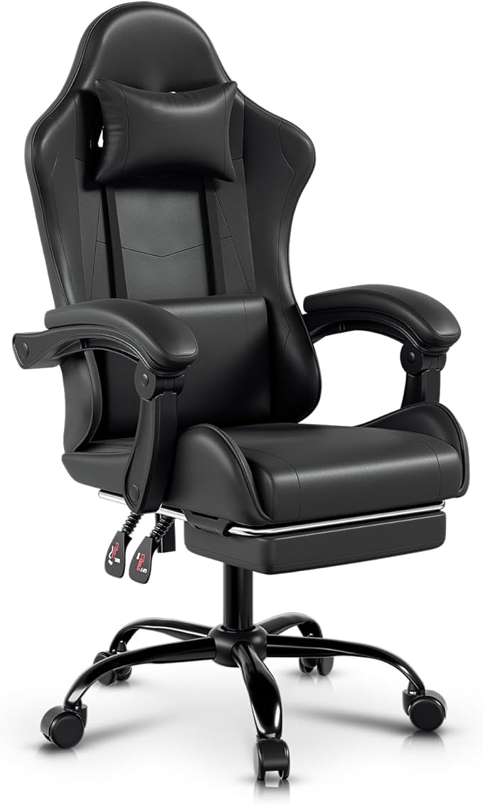 Auto Dynasty Ergonomic Gaming Chair, High-Back Office Chair w/Adjustable Lumbar Support, Linkage Armrest, Headrest & Footrest, 350LBS Recliner Swivel Computer Game Racing Chair, Black
