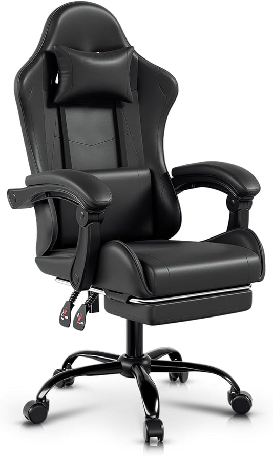 Auto Dynasty Ergonomic Gaming Chair, High-Back Office Chair w/Adjustable Lumbar Support, Linkage Armrest, Headrest & Footrest, 350LBS Recliner Swivel Computer Game Racing Chair, Black