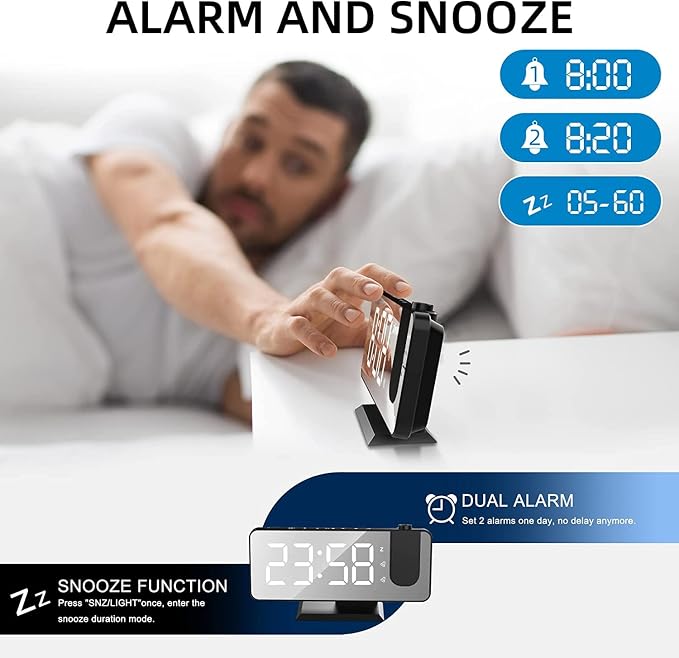 Projection Alarm Clock for Bedrooms Ceiling, Digital Clock Radio | With USB Charger Port, Temperature & Humidity Display, 7.3” Large LED Display,12/24H,Snooze,Dual Loud Clock- 4 Dimmer