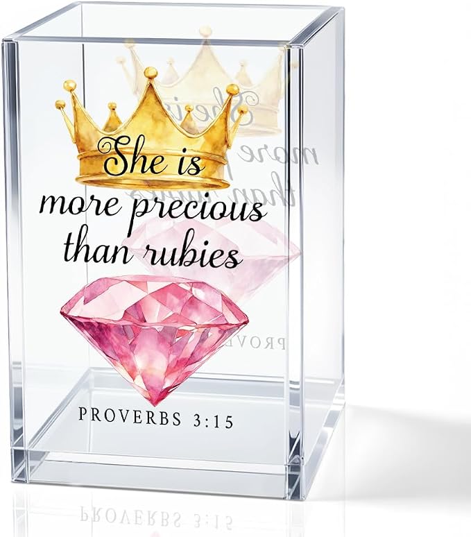 She Is More Precious Than Rubies Acrylic Cosmetic Holder for Women | Crown Clear Makeup Brush Holder, Ideal for Bathroom Jewelry Accessories Holding, Christian Bible Verses Gifts for Girlfriend