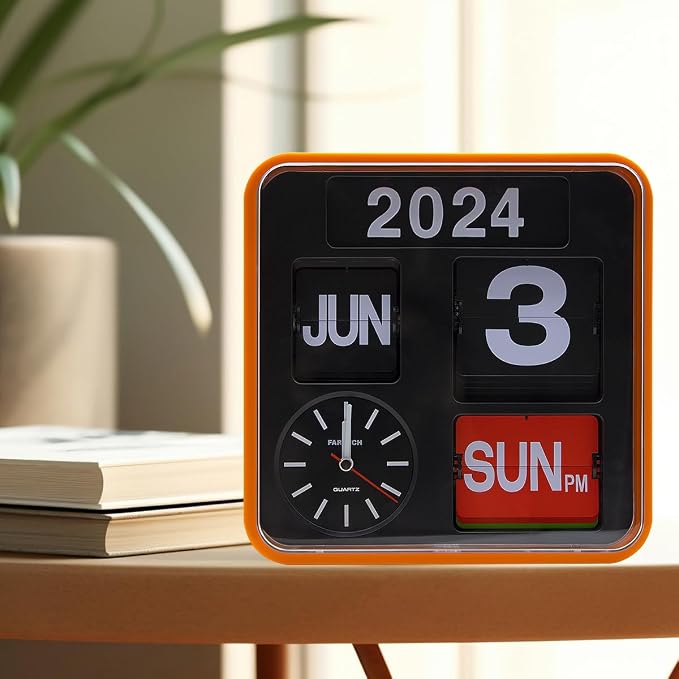 Retro Modern 9.45 Inches Calendar Day Date Flip Desk Wall Clock (Orange Frame)(No Battery Included)