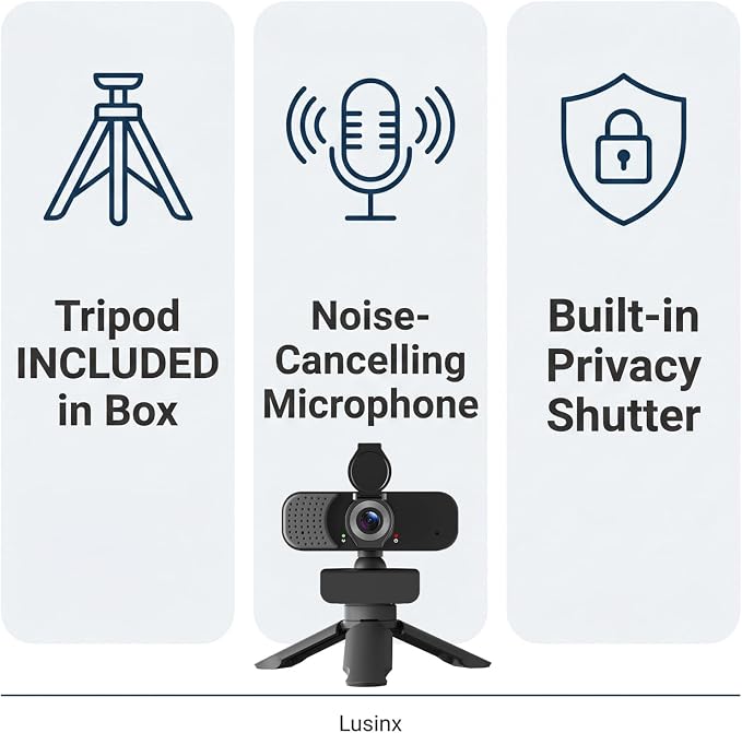1080P Webcam with Noise-Cancelling Microphone and Tripod - Computer Camera with Privacy Shutter - 110° Wide Angle - USB Plug & Play for PC Laptop - Zoom Teams Streaming