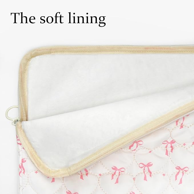 Cute Bow Puffy Laptop Sleeve 13-15 Inch Cute Quilted Laptop Protective Case Padded Bow Computer Sleeve for MacBook