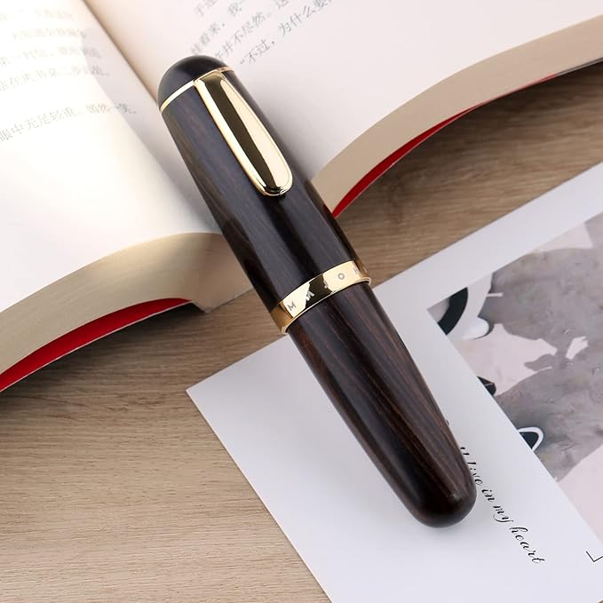 Majohn Q1 Fountain Pen Medium Nib Black Wood, Little Fat Man Eyedropper Filling Pocket Pen Large Capacity