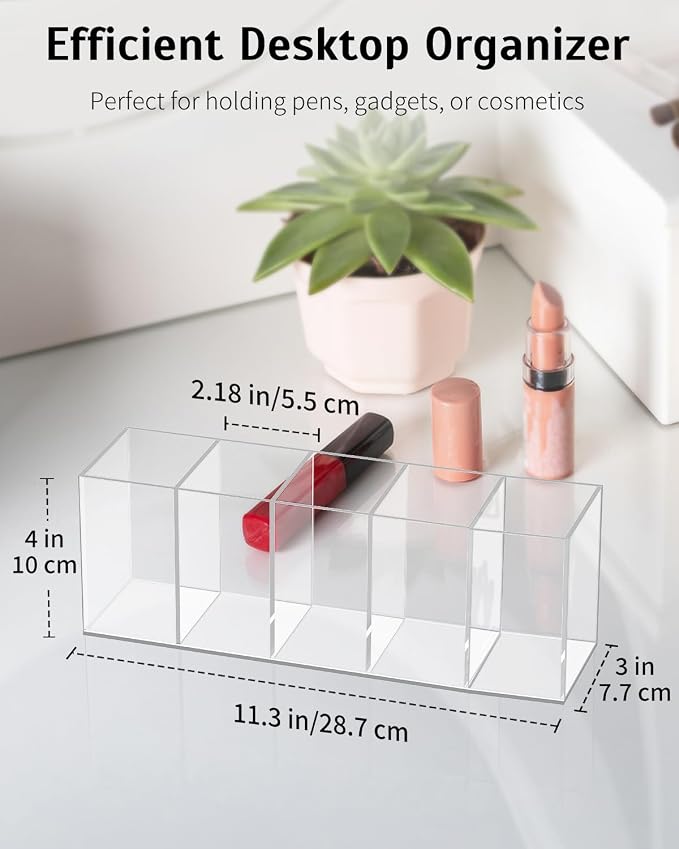Uniclife Clear Acrylic Pen Holder for Desk, Plastic Pencil Holder Pen Organizer with 5 Compartments, Desktop Stationery Organizer for Office Home School, Vertical Makeup Brush Holder, 11.3" x 3" x 4"