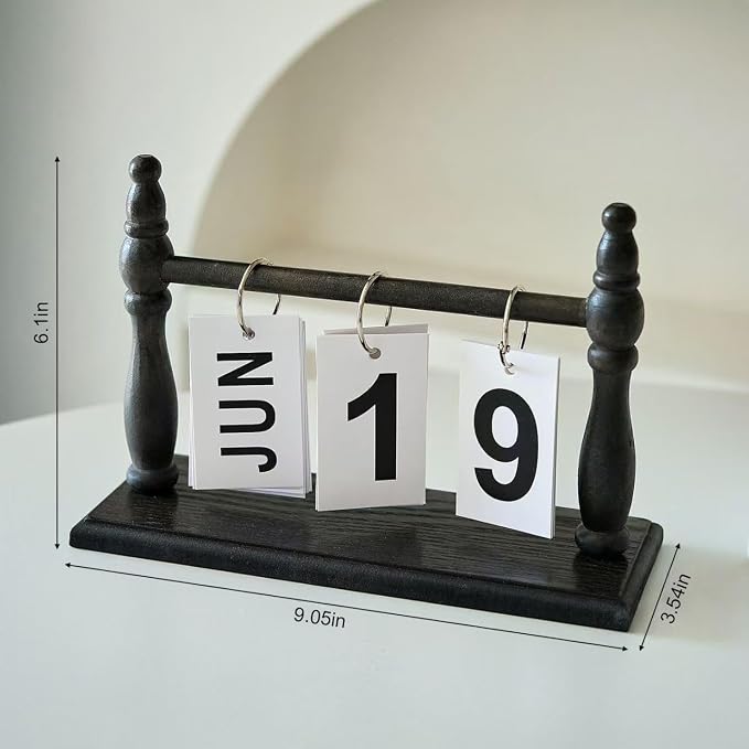 Wooden Perpetual Desk Calendar - Vintage Rustic Flip Calendar with Metal Rings & Reusable Daily Date Cards(Black)