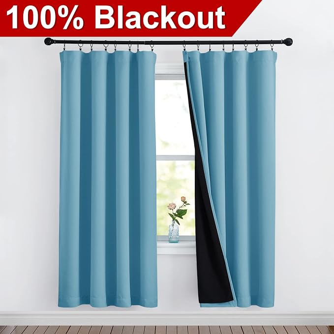 NICETOWN Full Shade Curtain Panels 72 inches Long, Energy Smart & Noise Blocking Out Blackout Drapes for Guest Room Window, Thermal Insulated Lined Window Dressing (Teal Blue, 52 inch)