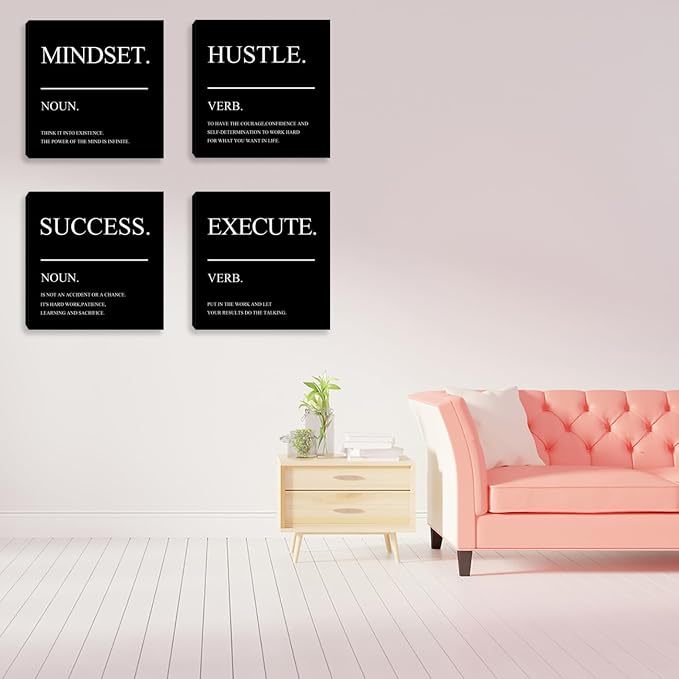 Home Office Wall Decor - Framed Motivational Wall Art for Office - Inspirational Hustle Wall Art - Mindset Canvas Wall Art Decorate for Living Room Bedroom Men Office Decor - 16"x16"x4PCS