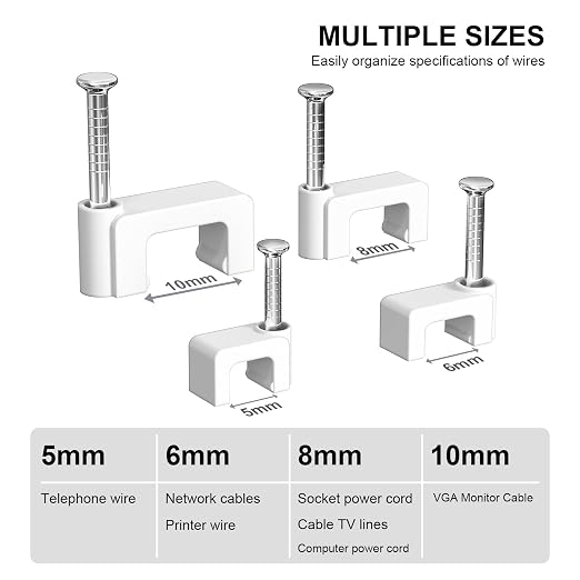 Jadaol Cable Clips with Nails, 400 Pack Cord Wire Clips (5mm 6mm 8mm 10mm), Nail-in Flat Cable Tacks for Ethernet Cable, Coaxial, TV, Speaker, Electrical Wire, White