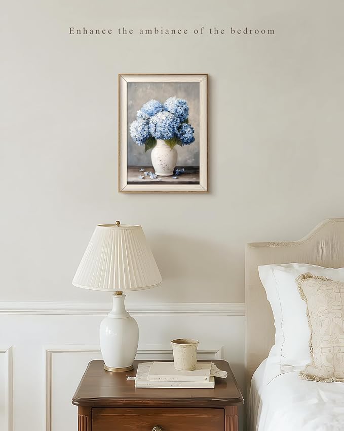 VIYYIEA Vintage Framed Wall Art for Living Room, Blue Hydrangea Canvas Prints, Oil Painting Home Decor, Flowers Picture, Bathroom Wall Decor Gifts for Friends or Family - 16L x 12W