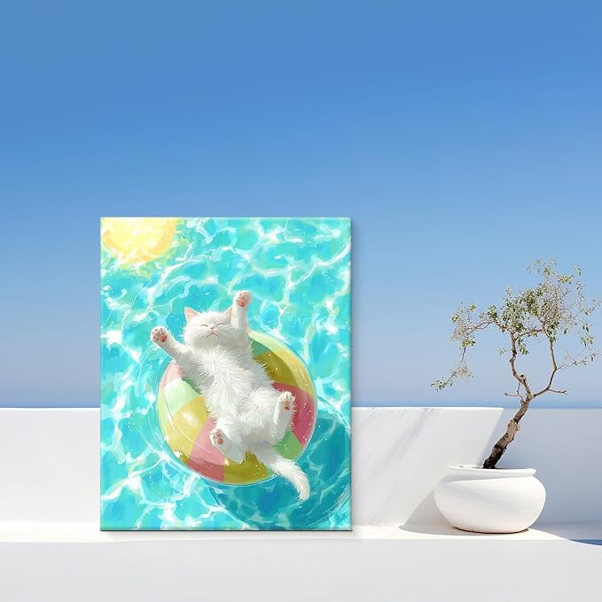 Summer Pool Beach Ball Canvas Wall Decor, Cute Cat Wall Art, Funny White Kitten Floating Water Painting, Aesthetic Animal Wall Art for Bedroom Bathroom Living Room 8x10 Framed