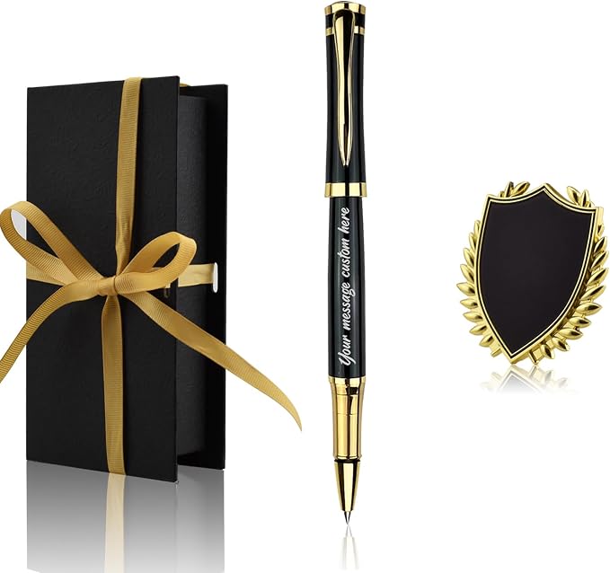 Yastar Customised Pens with a Custom badge - Souvenir Gift Set with Gift box 2 extra Black Refills Engrave any Message on the Pen Gift for Christmas Father's day Graduation Wedding Gifts