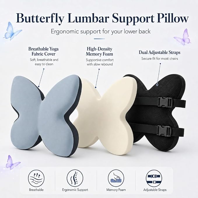 Butterfly Lumbar Support Pillow for Car and Chair, Gray | Memory foam back cushion with butterfly support, washable cover and dual adjustable straps for chairs and car seats