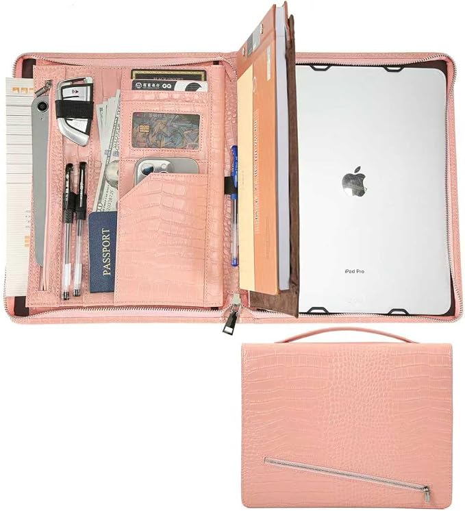 Croc-Pattern Leather Portfolio for Women with Handle, 11-13 inch iPad Holder Padfolio, Aesthetic Office Professional Organizer, Zippered Resume Binder for Interviews & Graduation Gift, Pink