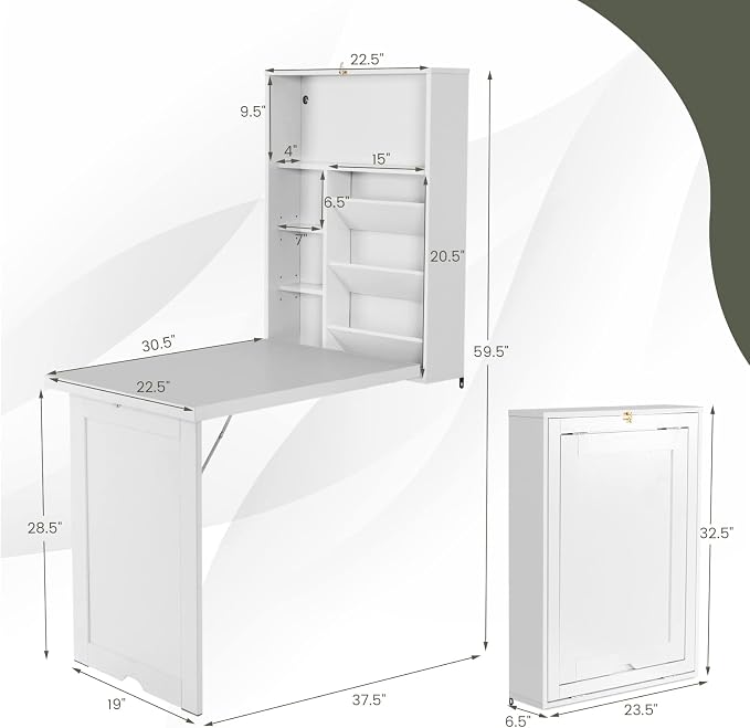 Wall Mounted Desk, Fold Out Convertible Desk with Storage Shelves, Space Saving Wall Folding Table, Home Office Floating Desks for Small Spaces (White)