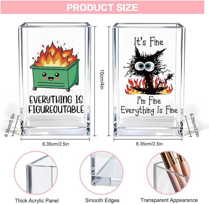 Funny Black Cat 2 Pack Acrylic Cosmetic Pencil Pen Holder Cup, Emotional Dumpster Fire Pencil Pen Holder Cup, Cat Lover Gift for Women, Office Sarcastic Gifts for Women Men Colleague