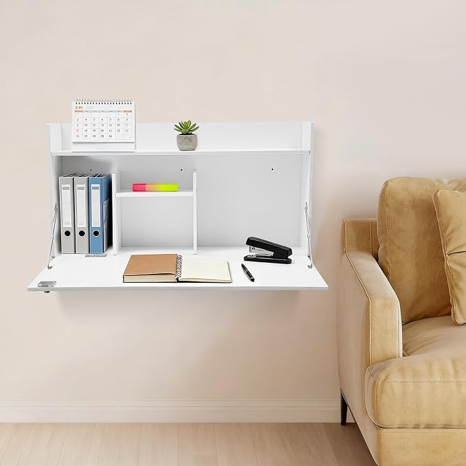 Wall-Mounted Foldable Desk Cabinet with Storage Drawers, Space-Saving PVC Organizer for Home Office, Study Room, Bedroom, Small Apartment & Remote Work (White)