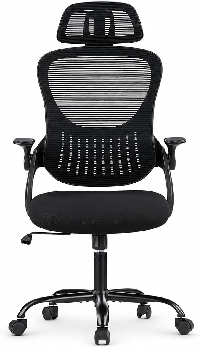 Black Ergonomic Office Chair, High Back Mesh Desk Chair with Adjustable Headrest Lumbar Support, Computer Chairs with Flip-up Armrests and Thickened Cushion for Adults Home Office, 360° Swivel