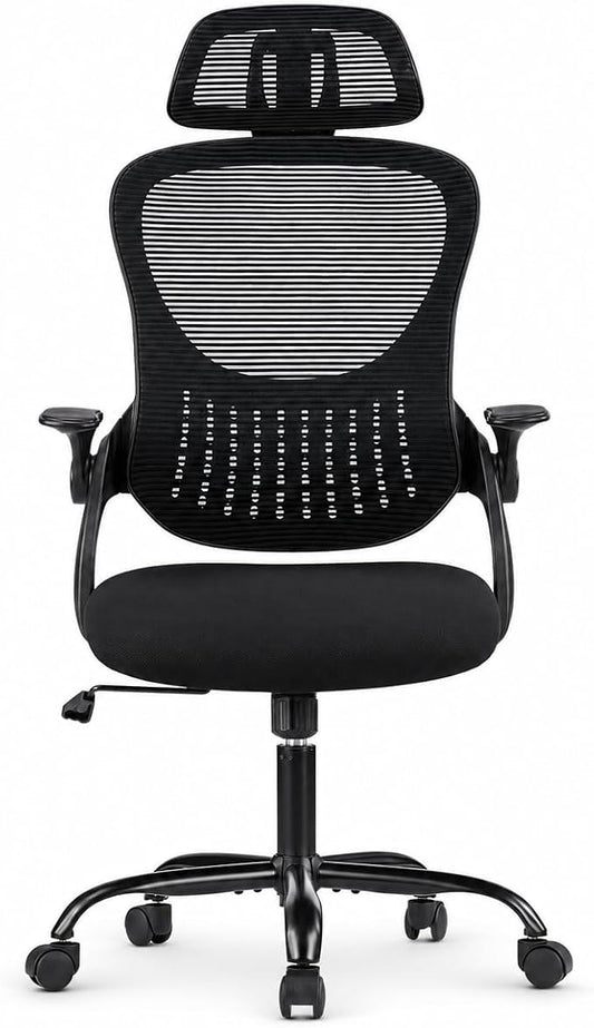 Black Ergonomic Office Chair, High Back Mesh Desk Chair with Adjustable Headrest Lumbar Support, Computer Chairs with Flip-up Armrests and Thickened Cushion for Adults Home Office, 360° Swivel