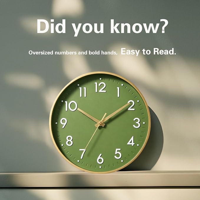 Mosewa 12 Inch Wall Clock Battery Operated Silent Non Ticking Analog | Olive green & gold modern clock; oversized 3D easy-read dial for kitchen, bedroom & office; 1 AA battery (not included)