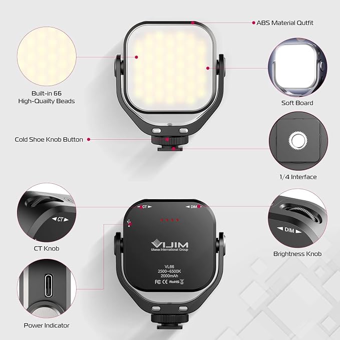 ULANZI VL66 Bi-Color Adjustable Rechargeable 2500-6500K - Mini Video Portable Light on Cam, 2000mAh CRI95+ Dimmable, Ultra Bright Photo & Video Lighting, LED Fill Lamp for DSLR Camcorder Action Camera