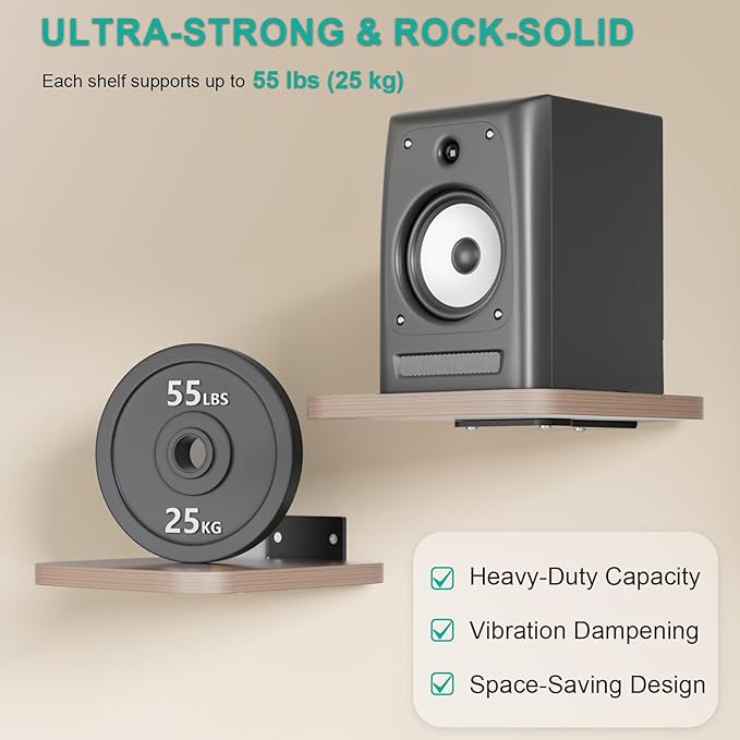 WALI Speaker Wall Mount, Heavy Duty Bookshelf Speaker Floating Wall Shelves, Surround Sound Speakers Stand for Living Room, Home Theater and Gaming Room, Holds up to 55 Lbs, (SWM302), 1 Pair, Wood
