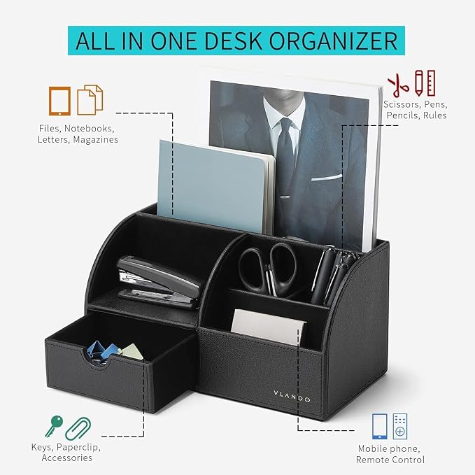 VLANDO Office Desk Organizer Leather Desktop Organizer Caddy with Drawer for Storing Desktop Supplies and Accessories (Black Set)