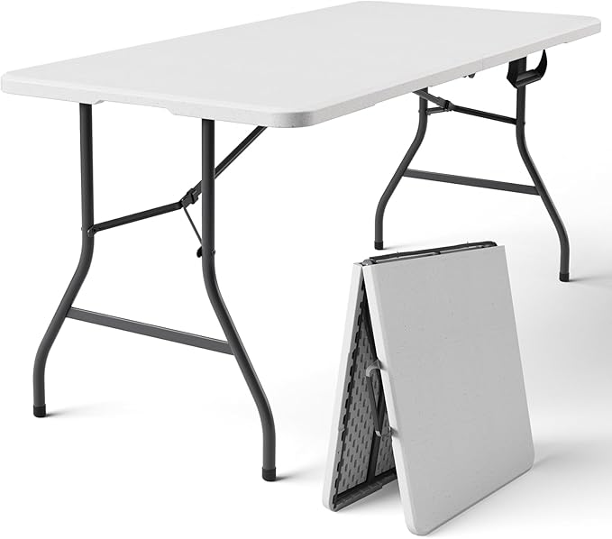 Folding Table 5FT Heavy Duty Plastic Table with Handle, Foldable&Portable, Fold-in-Half Utility Tables for Outdoor, Dining, Wedding, Events, Indoor, Picnic, Camping, Party,Khaki