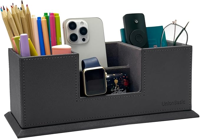 UnionBasic Desk Organizer, Caddy Leather Multi-compartment Pen Holder, Gray | Desktop Dual Pen Holder, Office Supplies Holder