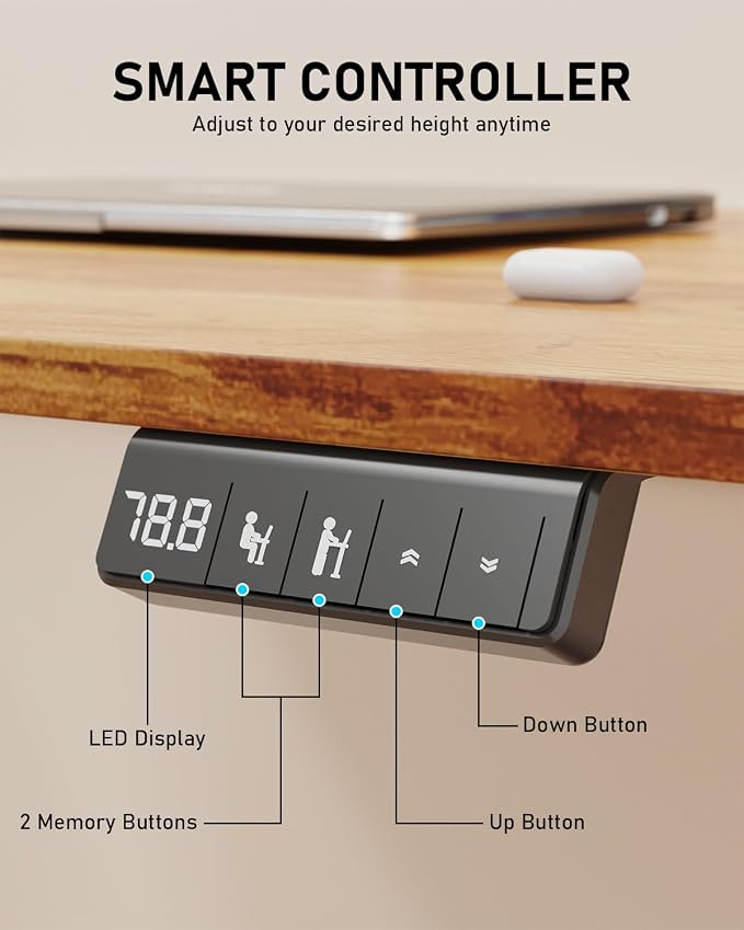 32" Small Rolling Electric Standing Desk Adjustable Height for Home Office | Mobile Sit Stand up Desk with Lockable Casters for Computer Workstation, Memory Preset, 2 Hooks, White Frame/LightBrown Top