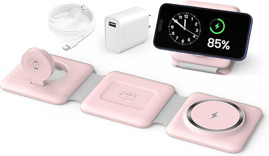 Charging Station for Apple Multiple Devices: 3 in 1 Foldable Magnetic Wireless Charger Stand - Travel Charging Dock Compatible with iPhone 17 16 15 14 13 12 Pro Max Plus Apple Watch AirPods
