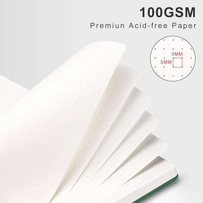 AHGXG Dotted Journal Spiral Notebook, Hardcover Leather Dotted Notebook 140 Pages, A5 Dot Grid Paper Notebook, 100 gsm Thick Paper, for Dotted Journaling, 5.7" x 8.3", Green