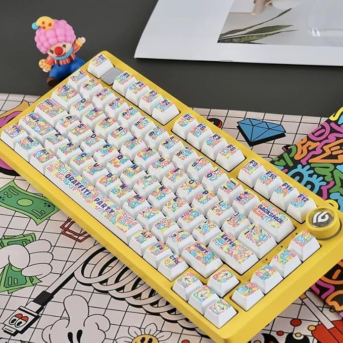 White & Yellow Keycaps - Cherry Profile 5-Sided Dye-Sublimation Graffiti Style Keycap Set 130 Keys for 60%/65%/75%/80%/100% Mechanical Keyboard