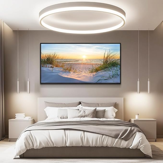 MHARTK66 Canvas Wall Art For Living Room Large Wall Decor For Office Bedroom Poster Art Prints Sun Seascape Wall Painting Blue Ocean Pictures Artwork For Walls Black Wood Framed 24" X 48"