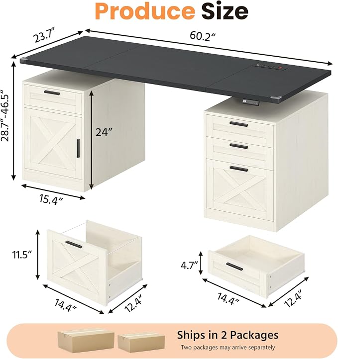 YOMILUVE 60" Farmhouse Electric Standing Desk with Drawers for Home Office | Height Adjustable Computer Desk with 4 Drawers & Storage Shelves, Wood Sit Stand Desk with Power Outlets for Work, Study