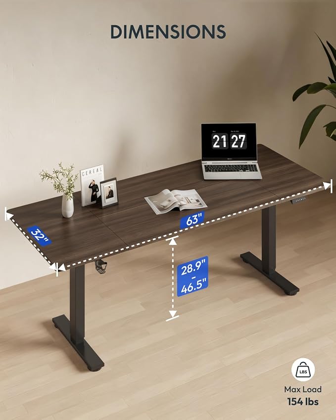 FLEXISPOT 63x32 Inch Electric Large Standing Desk for Home & Office, Spacious Splice Board Desk with Cable Management & Organizer, Cup Holder & Hook, Black Walnut