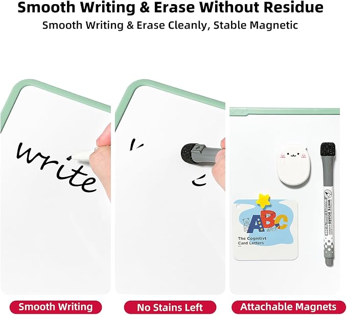 Colorful Dry Erase White Board 8.3x11in, Magnetic Desktop Board with Stand, 2 Markers (Eraser Head), 4 Magnets - Double-Sided Easel for Daily Planning, Memo, Office/Home/School (Green)