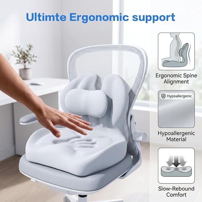 Adjustable Memory Foam Lumbar Cushion - Ergonomic Lower Back Support Pillow with Cotton Cover, Mid-Height Customizable Design for Office Chair, Car Seat, Long Sitting (Gray, Large)