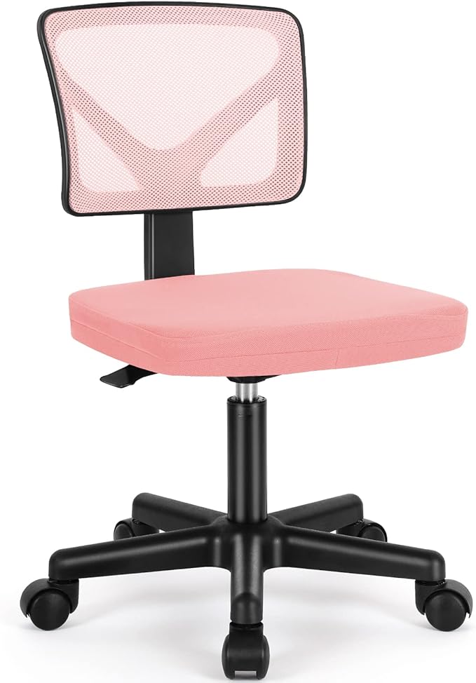 Sweetcrispy Small Desk Chair, Ergonomic Low-Back Mesh Rolling Work Swivel Chairs with Wheels, Armless Comfortable Seat Lumbar Support for Home, Bedroom, Study, Student, Adults,Classic Pink