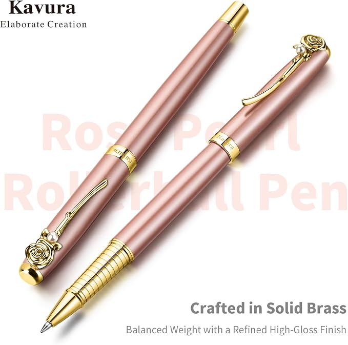 Rose & Pearl Rollerball Pen – Luxury Brass Pen Gift Set for Women, Jewelry-Inspired Design, Glossy Finish, with German Refill, Romantic Gift for Her, Anniversary & Valentine’s Day (Rose Gold)