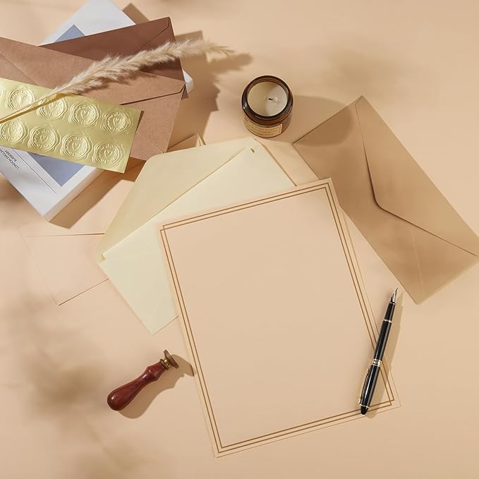 50 Pack Colored Stationery Set, 5 Colors #10 Business Envelopes, 50 Sheets 8.5x11 Paper Sheet and Gold Stickers for Office, Letters, Invitations (Brown)