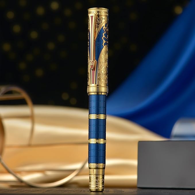 HONG DIAN D5 Qin Dynasty Fountain Pen Blue Gold, Extra Fine Nib Piston Filling Pen, Retro Chinese Totem Engraving Smooth Writing Pen with Pen Box Set