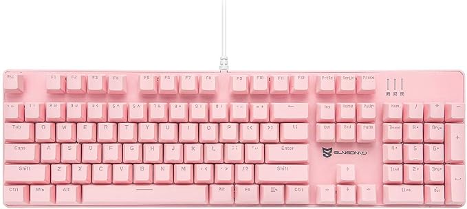Merdia Full Size Wired Mechanical Gaming Pink Keyboard | Blue Switch 104 Keys US Layout Full Size Pink PC Gaming Keyboards | Hot Swappable LED Backlit Light Up Wired Mechanical Computer Keyboards