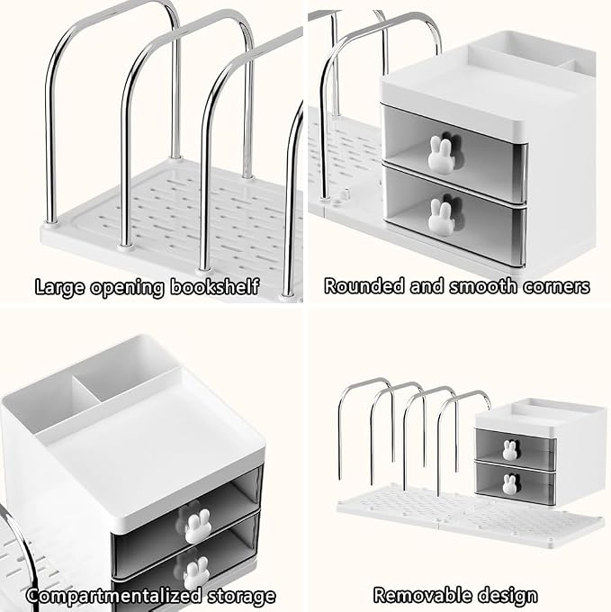 Desk Organizer with Bookends, Desktop Storage Box with 2 Drawers (White) | Multi-Functional Desk Accessories Organizer with 3 Top Compartments and 4 Bookends for Home Office School Supplies