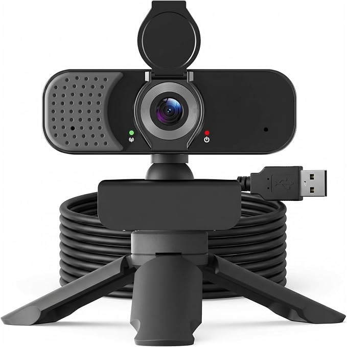 1080P Webcam with Noise-Cancelling Microphone and Tripod - Computer Camera with Privacy Shutter - 110° Wide Angle - USB Plug & Play for PC Laptop - Zoom Teams Streaming