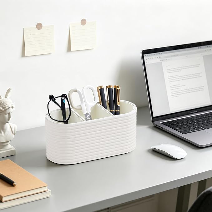 Remote Control Holder, Oval Pen Holder for Desk, Ivory | 3-Compartment Desk Caddy for Remotes, Glasses, Pens, PU Leather Small Desk Organizer for Nightstand, Coffee Table, Office